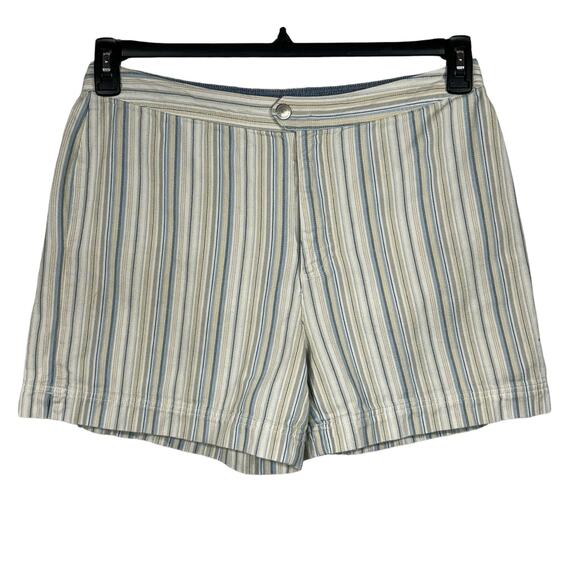 Liz Claiborne SZ 14 Jean Shorts Striped Hi-Rise Flat Front Rear Pockets Multi - Picture 1 of 6
